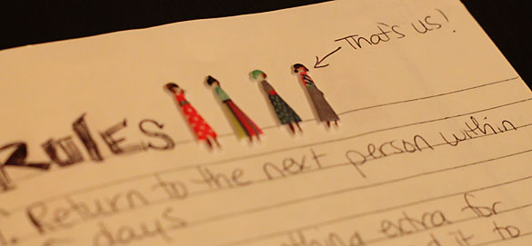A lined page in a notebook with stickers of four friends keeping in touch with our traveling notebook.