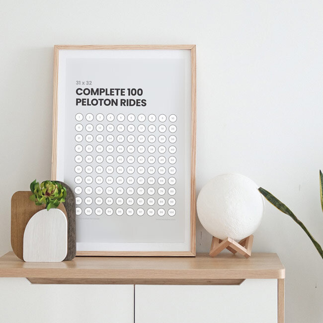 A picture frame with a 100 day challenge tracker printed; there is a bold title and 100 bubbles with tiny numbers inside to fill in and track your progress.