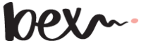 handwritten script text that says 'bex' with a squiggle on the tail of the x, followed by a pink dot.